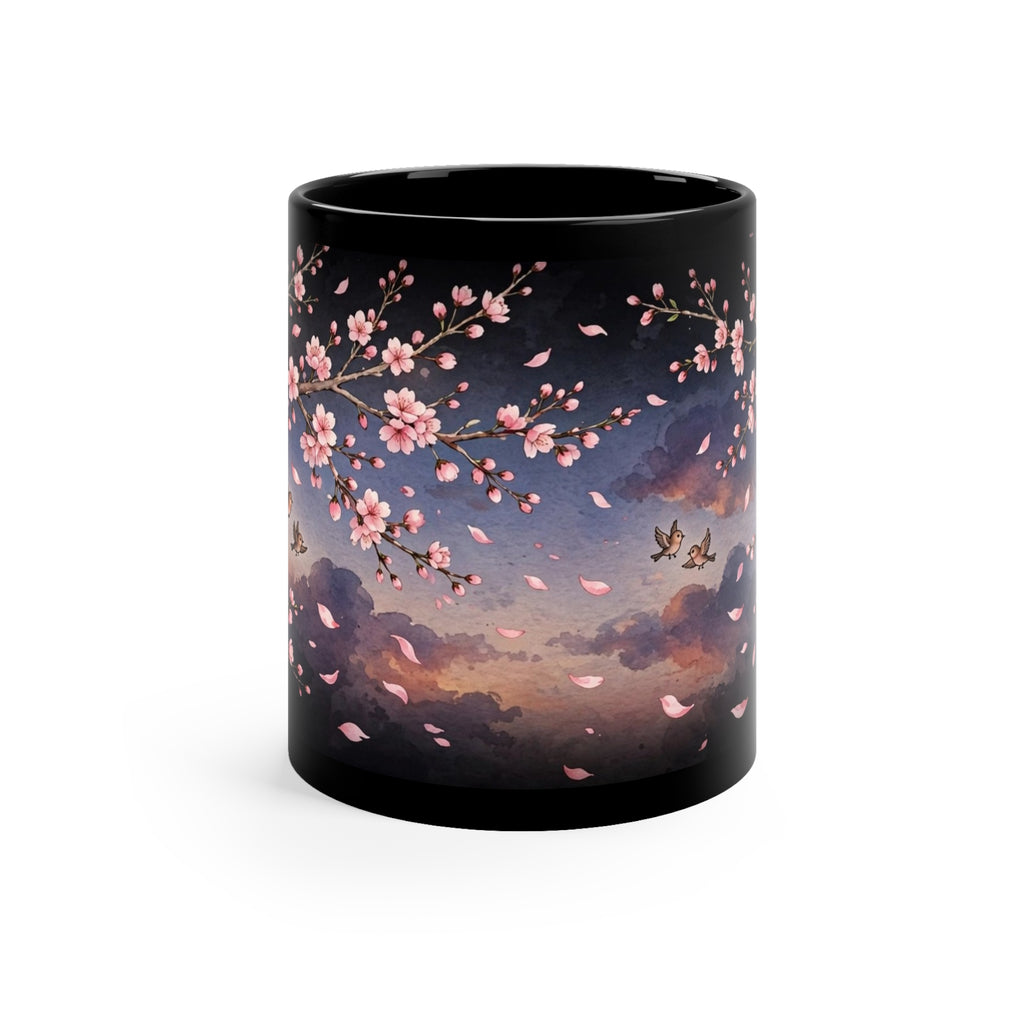 Spring Cherry Blossom Coffee Mug — 11oz Black Ceramic, Pink Blossoms at Dusk