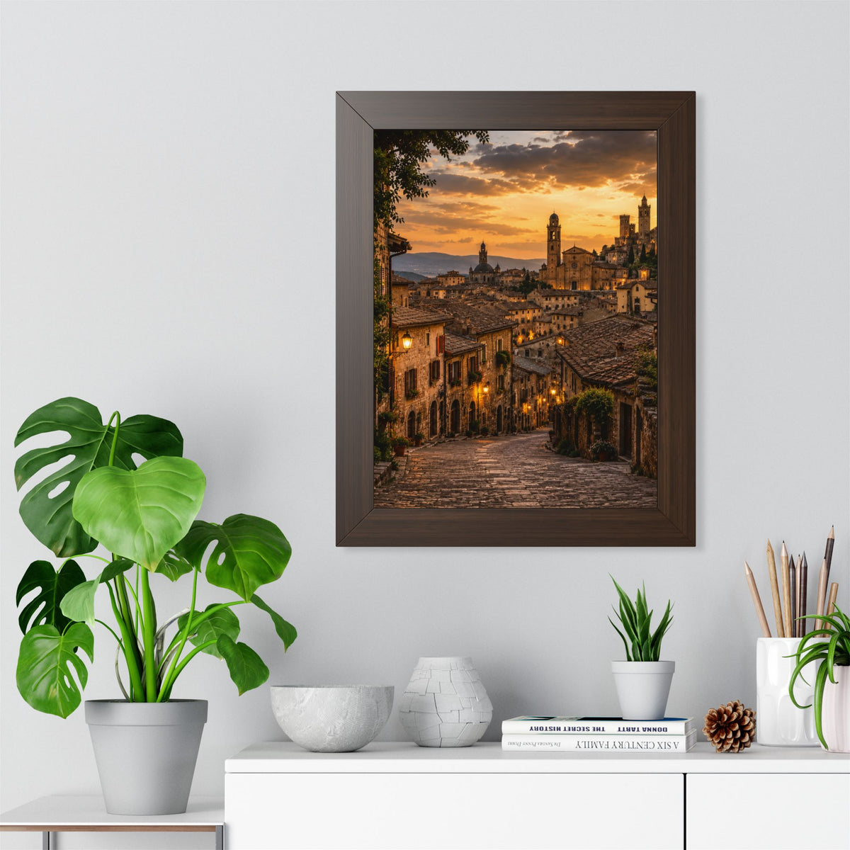 Old-World Town at Sunset — Framed Wall Art