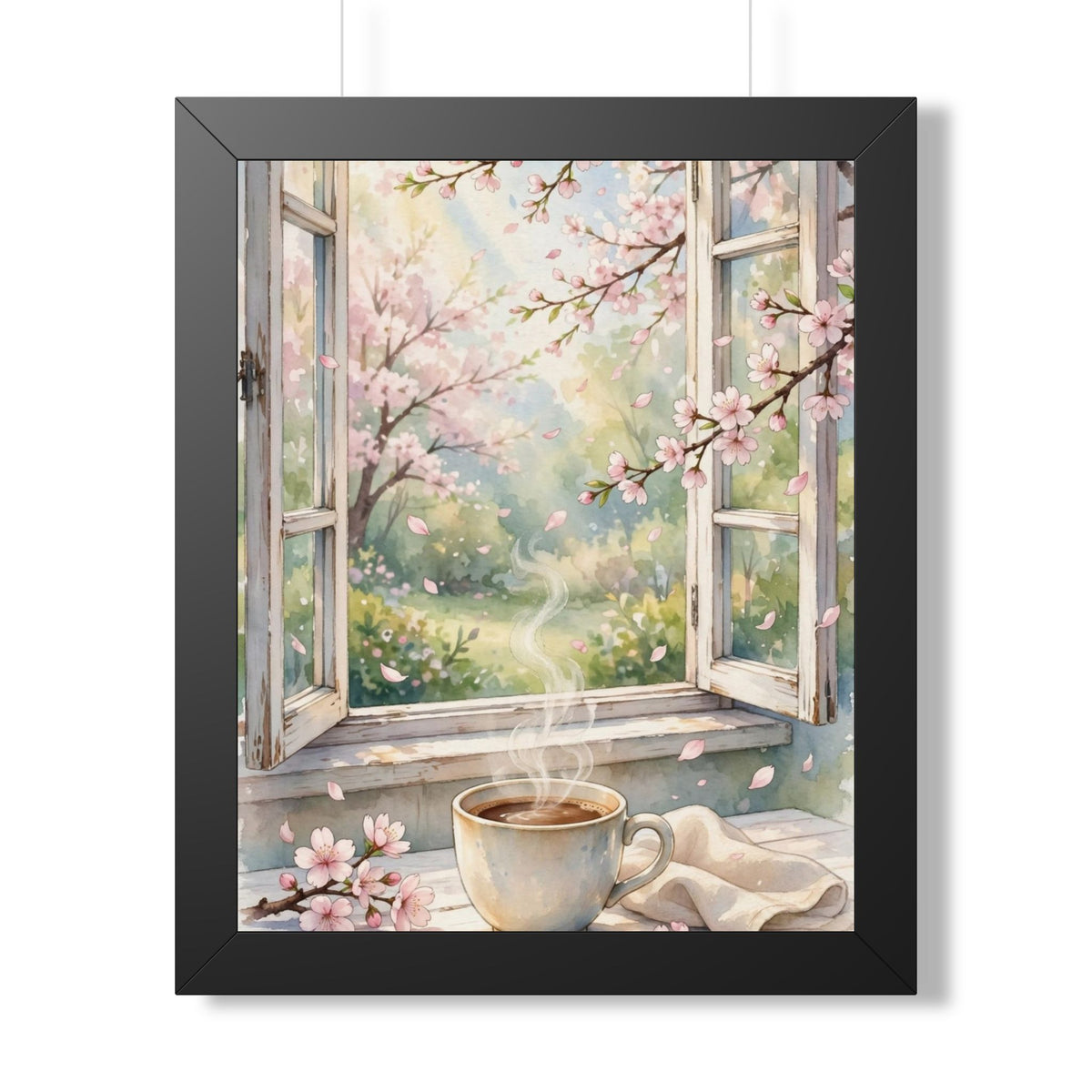 Spring Blossom Morning — Cherry Blossoms & Coffee, Framed Wall Art