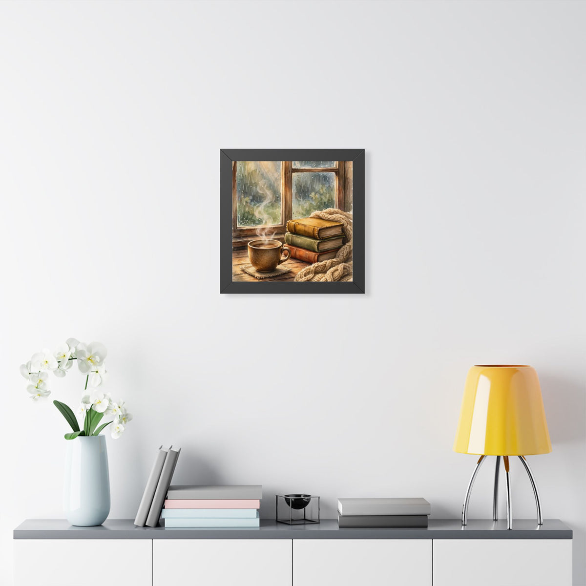 Slow Morning — Cozy Coffee by the Rainy Window, Framed Wall Art