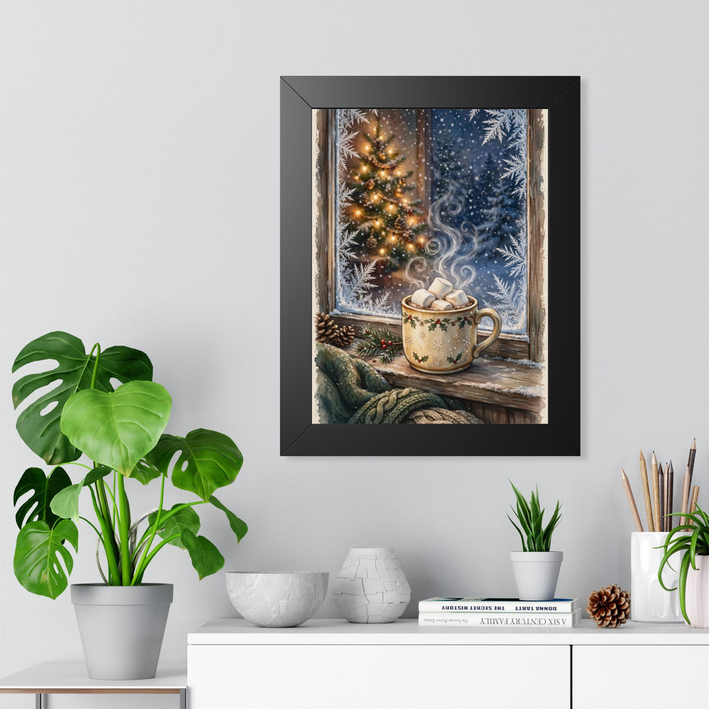 Christmas Cocoa — Snowy Window & Warm Mug, Framed Wall Art