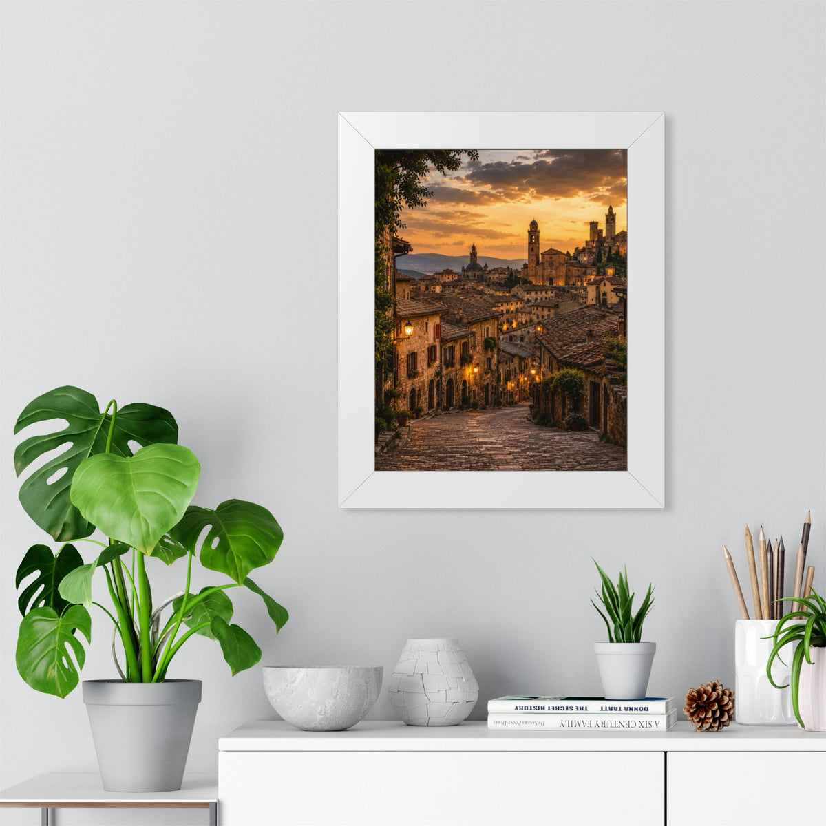 Old-World Town at Sunset — Framed Wall Art