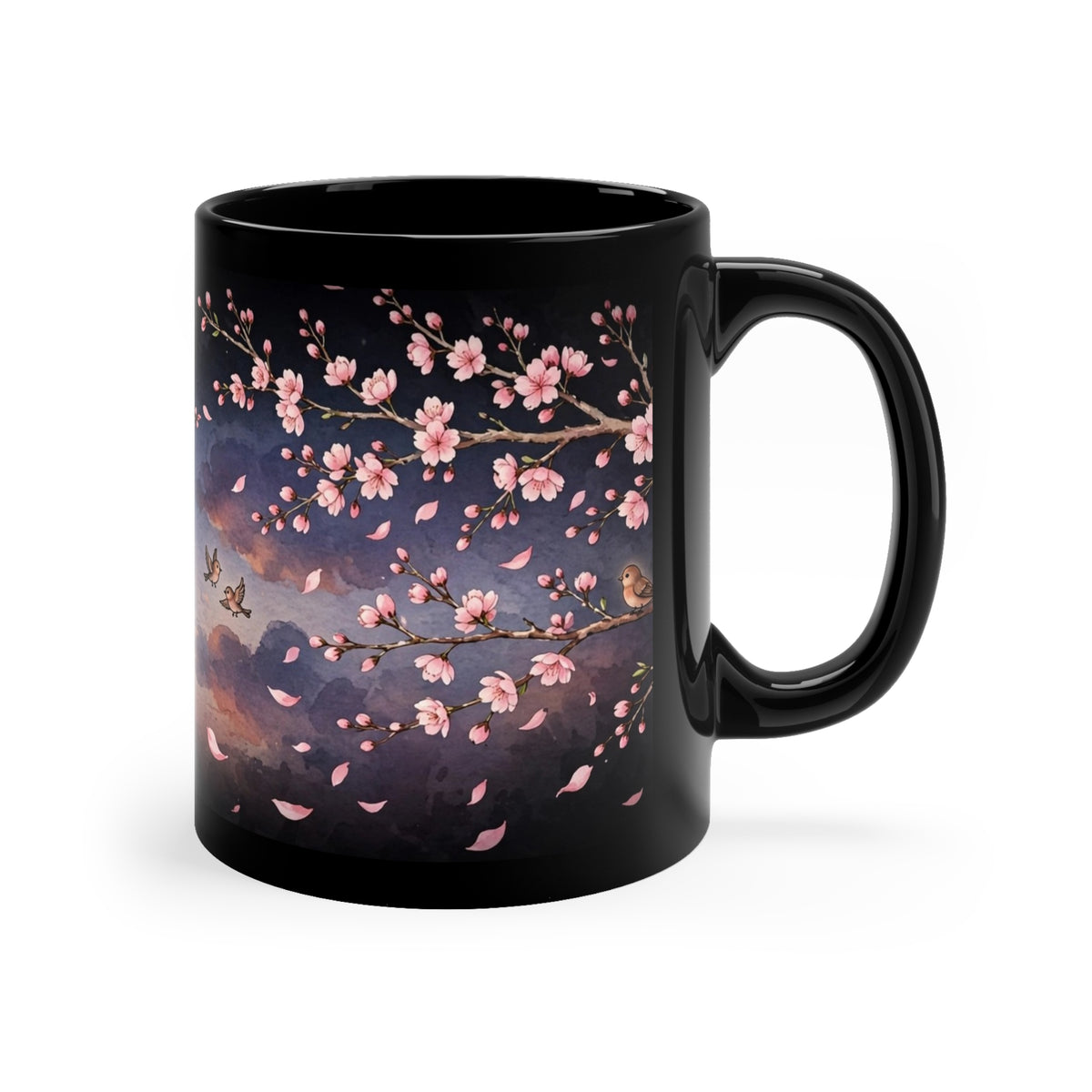 Spring Cherry Blossom Coffee Mug — 11oz Black Ceramic, Pink Blossoms at Dusk