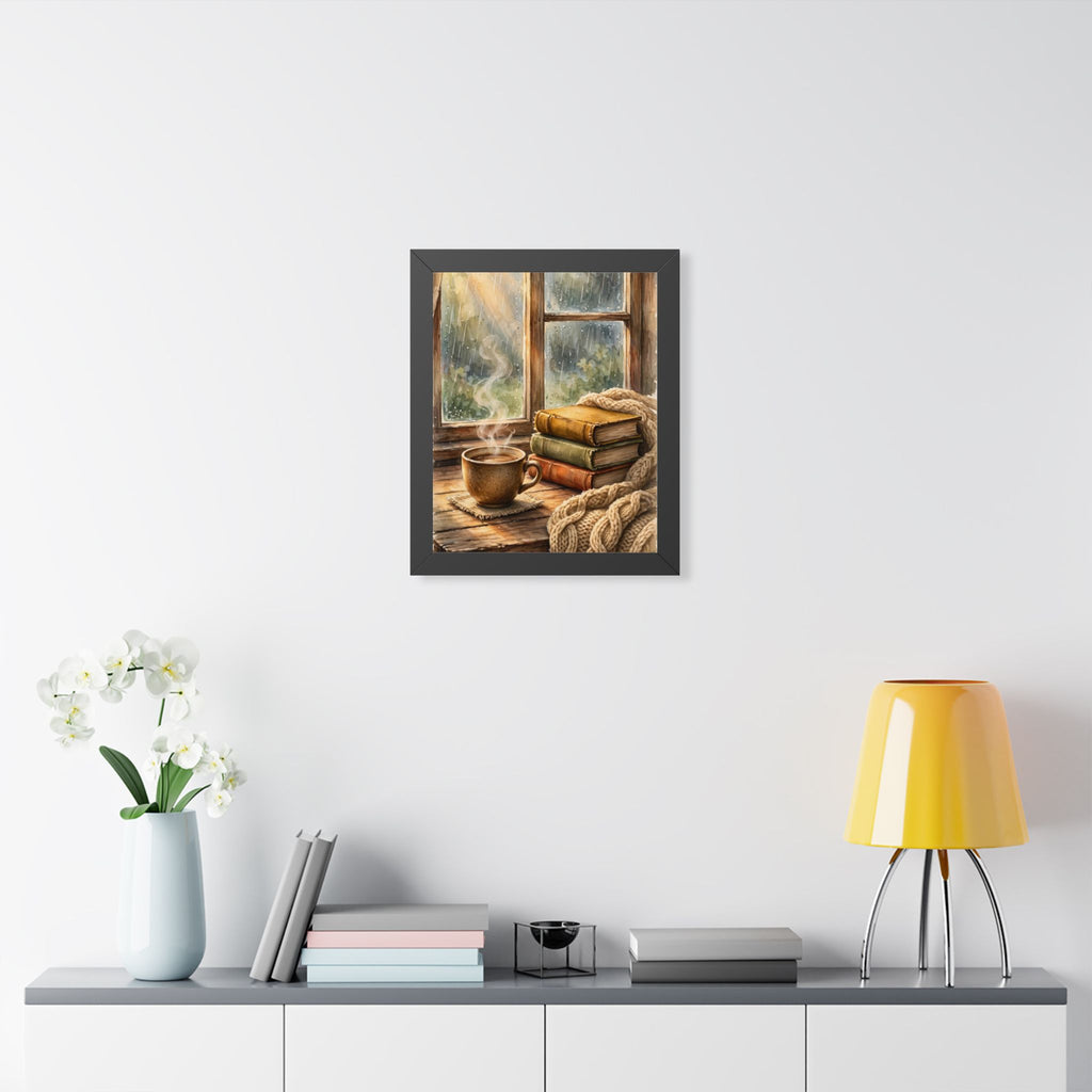 Slow Morning — Cozy Coffee by the Rainy Window, Framed Wall Art