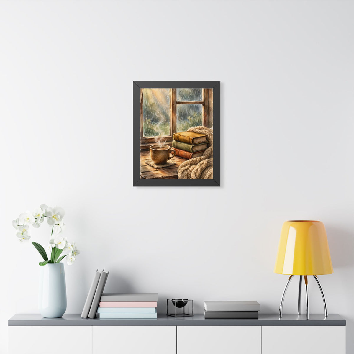 Slow Morning — Cozy Coffee by the Rainy Window, Framed Wall Art