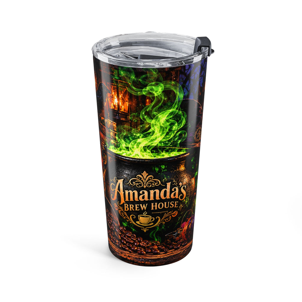 20oz Halloween witchy tumbler with haunted house, pumpkins, black cat and clear lid