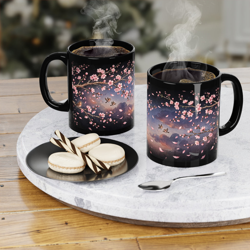 Spring Cherry Blossom Coffee Mug — 11oz Black Ceramic, Pink Blossoms at Dusk