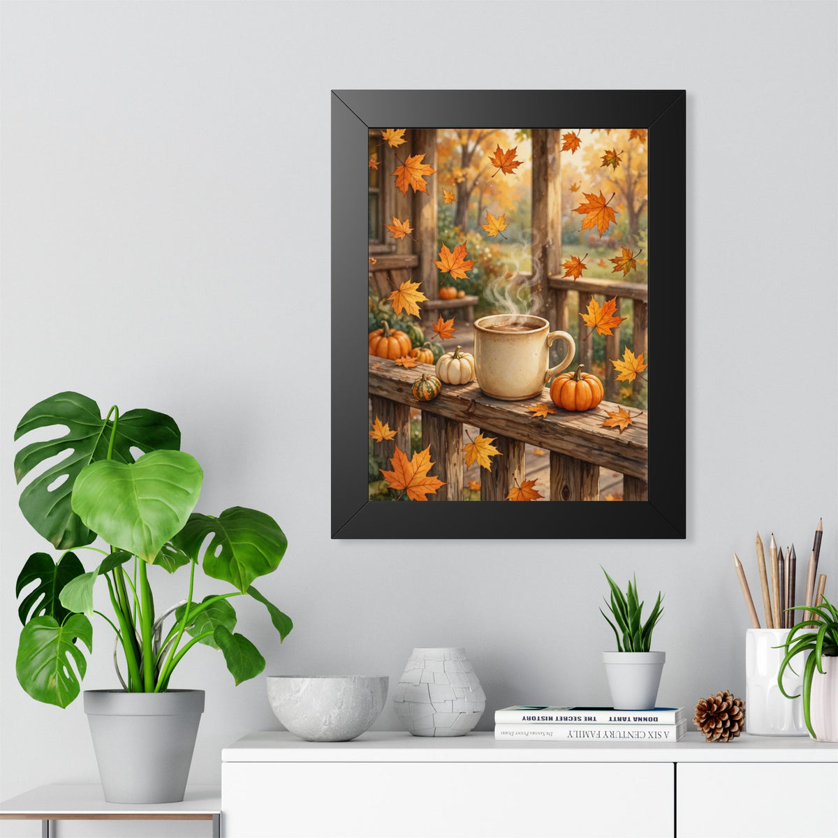 Autumn Porch Coffee — Fall Leaves & Pumpkins, Framed Wall Art