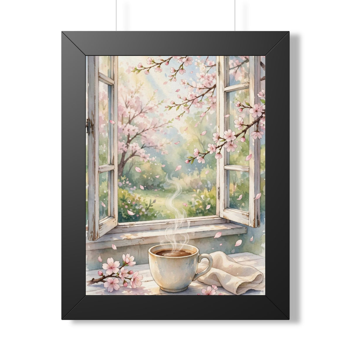 Spring Blossom Morning — Cherry Blossoms & Coffee, Framed Wall Art