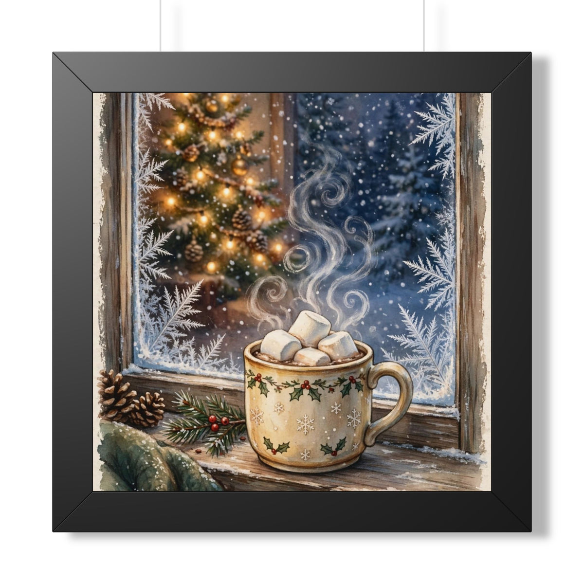 Christmas Cocoa — Snowy Window & Warm Mug, Framed Wall Art
