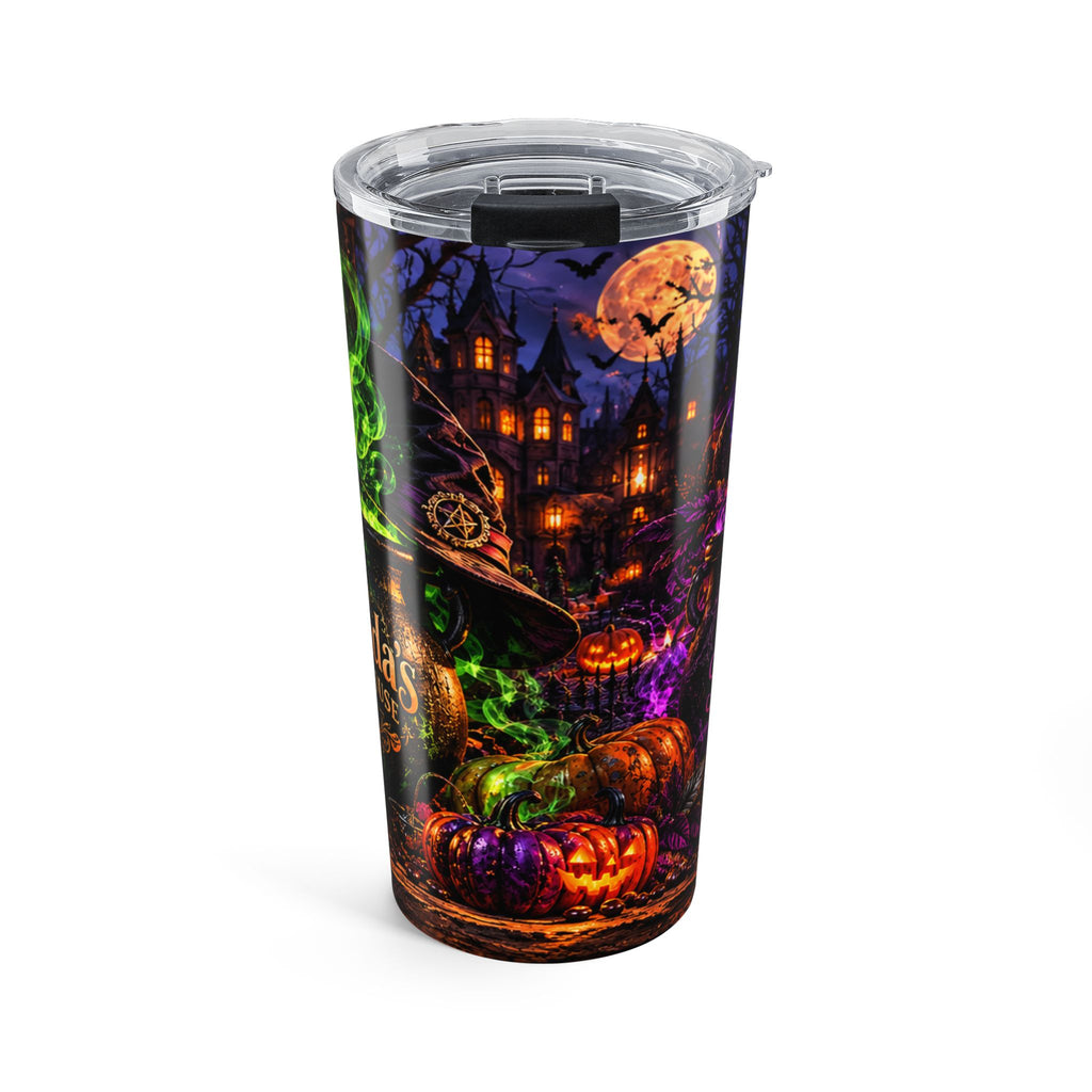 20oz Halloween witchy tumbler with haunted house, pumpkins, black cat and clear lid