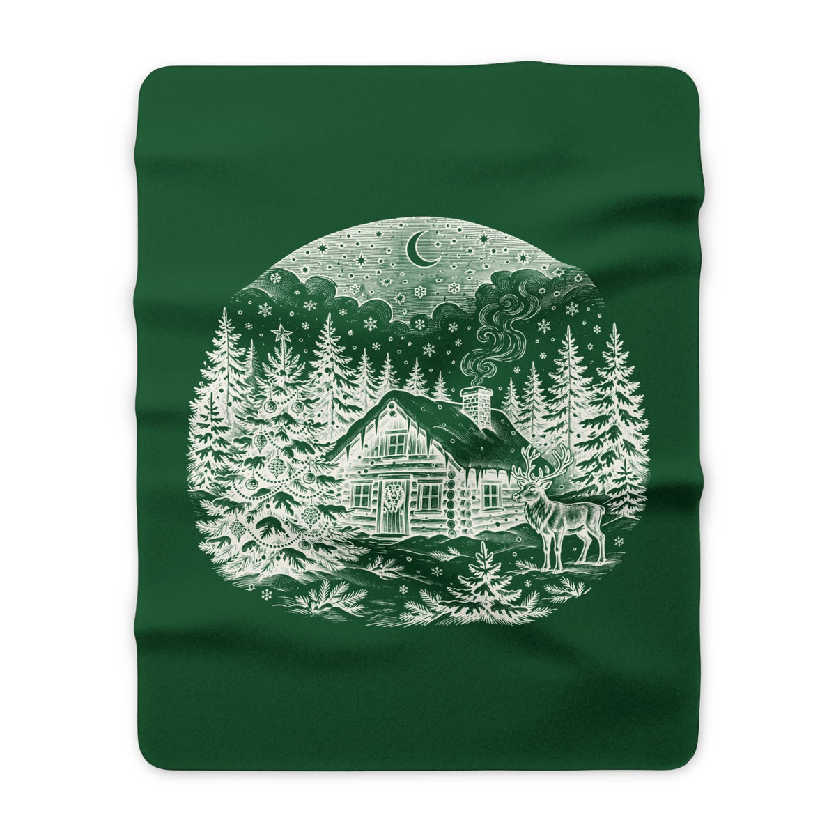 Christmas Sherpa Blanket — Snowy Cabin, Reindeer & Moonlit Pines Fleece Throw