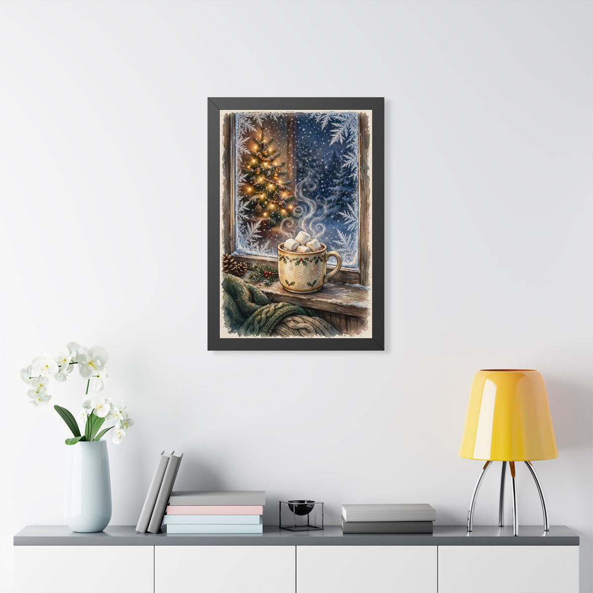 Christmas Cocoa — Snowy Window & Warm Mug, Framed Wall Art