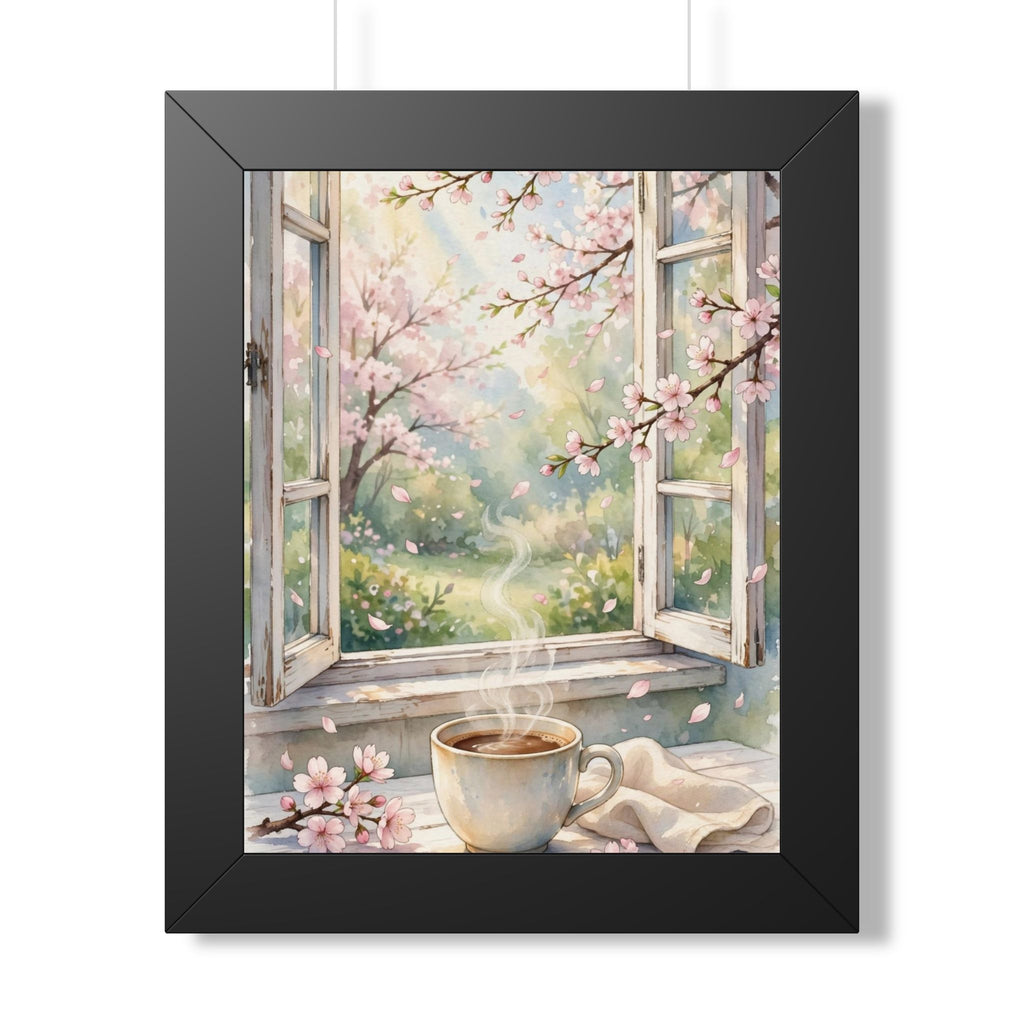 Spring Blossom Morning — Cherry Blossoms & Coffee, Framed Wall Art