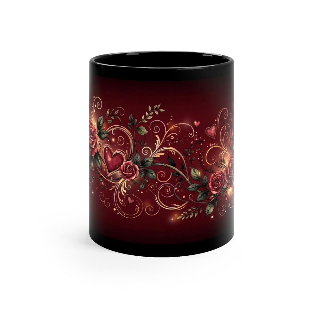 Valentine Hearts Coffee Mug — 11oz Black Ceramic, Roses & Swirls