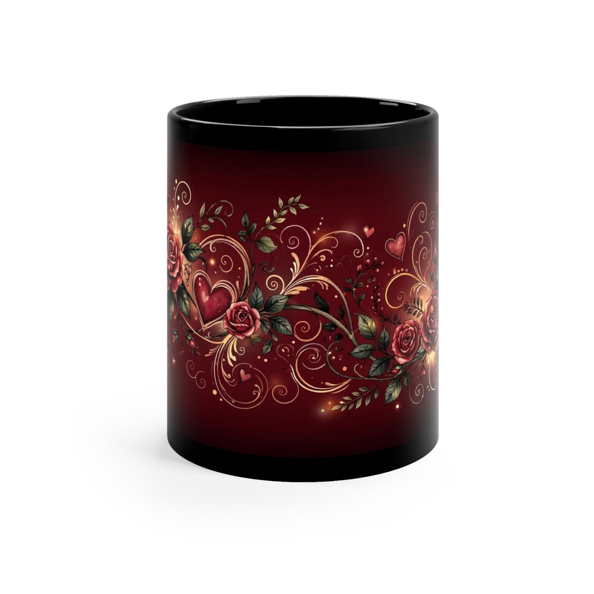 Valentine Hearts Coffee Mug — 11oz Black Ceramic, Roses & Swirls