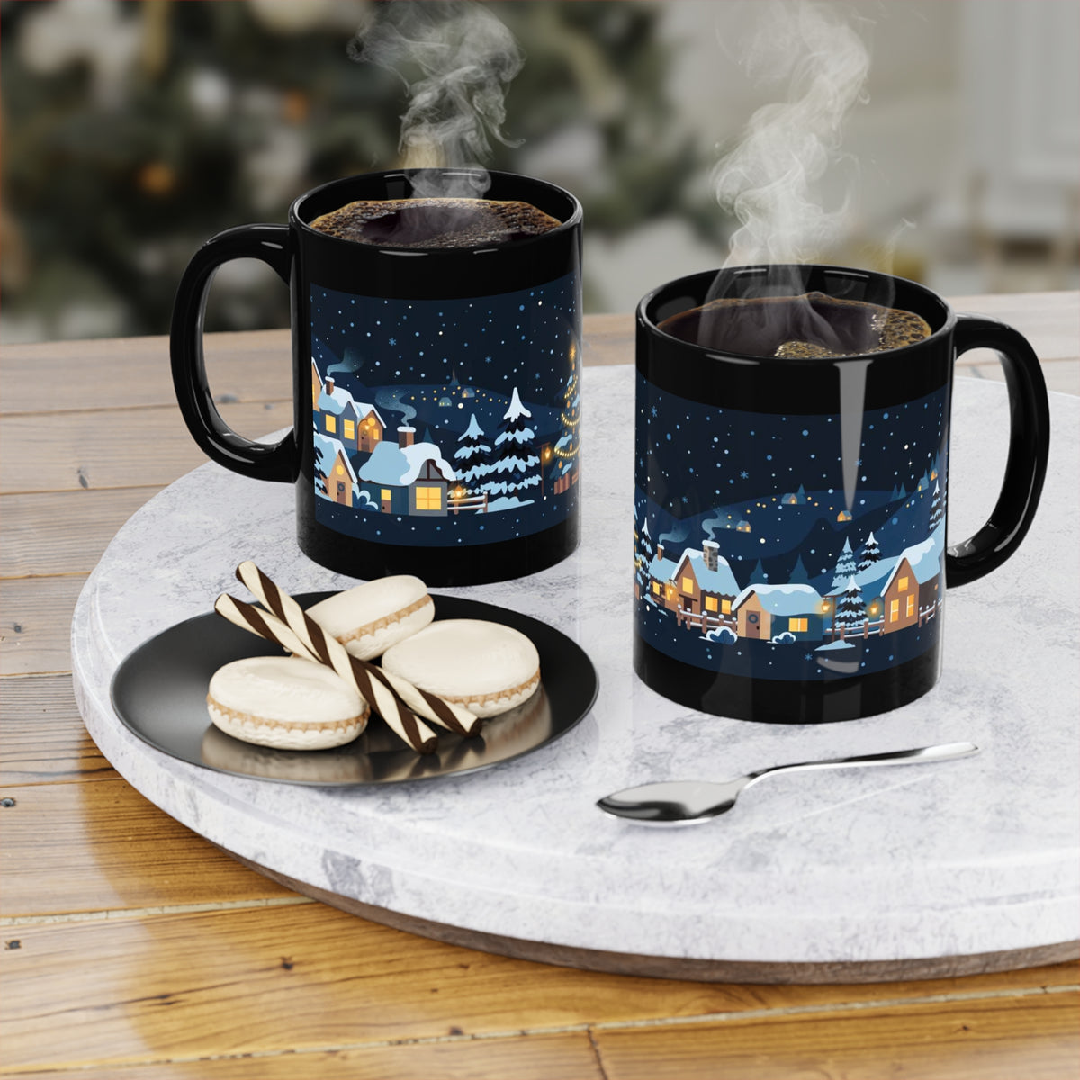 Black 11 oz coffee mug featuring Christmas Morning snowy village