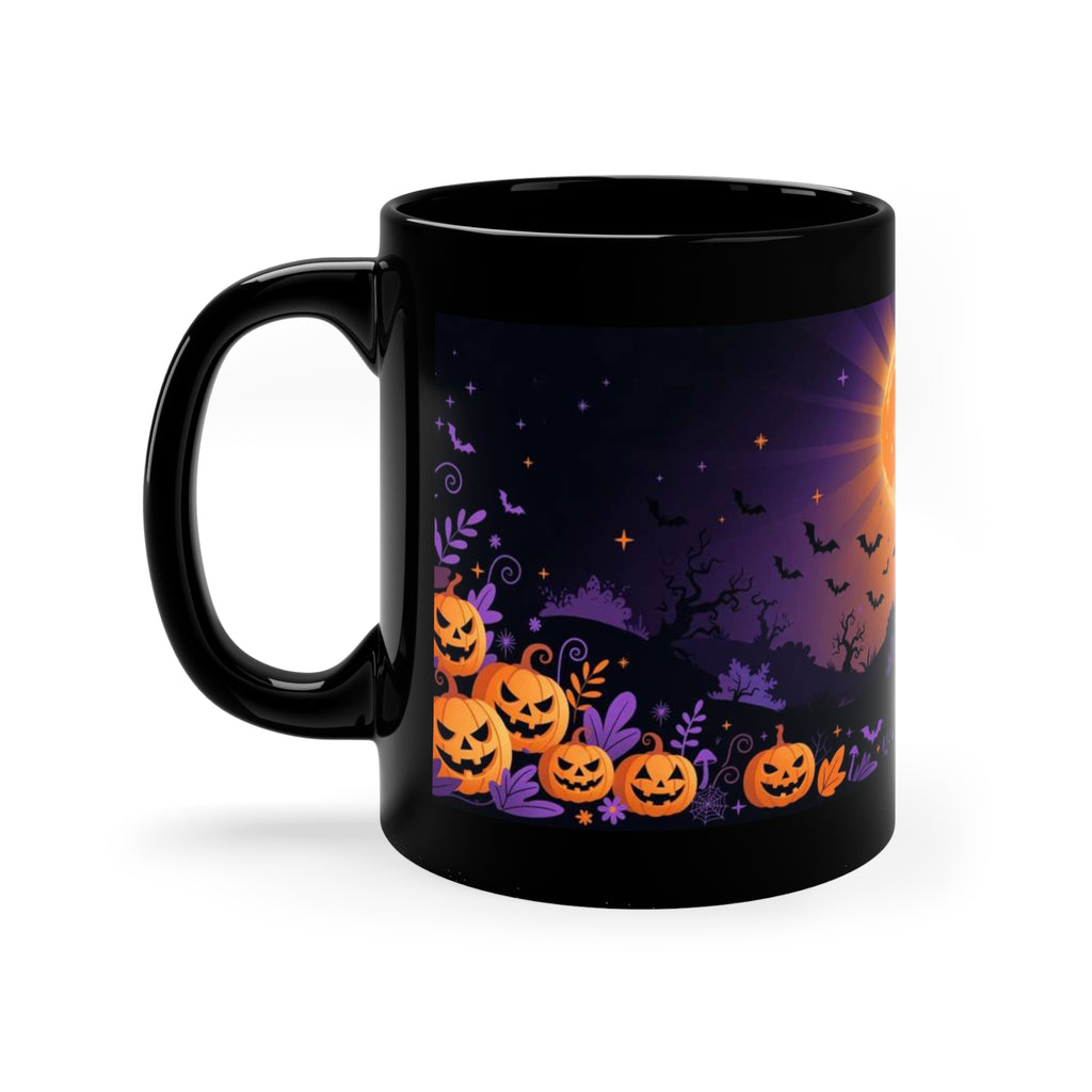 Black 11 oz coffee mug featuring Halloween Night haunted house and harvest moon