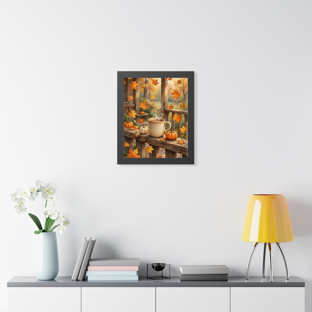 Autumn Porch Coffee — Fall Leaves & Pumpkins, Framed Wall Art