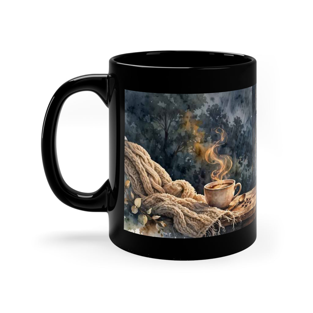Black 11 oz coffee mug featuring Slow Morning Amanda's Brew House design