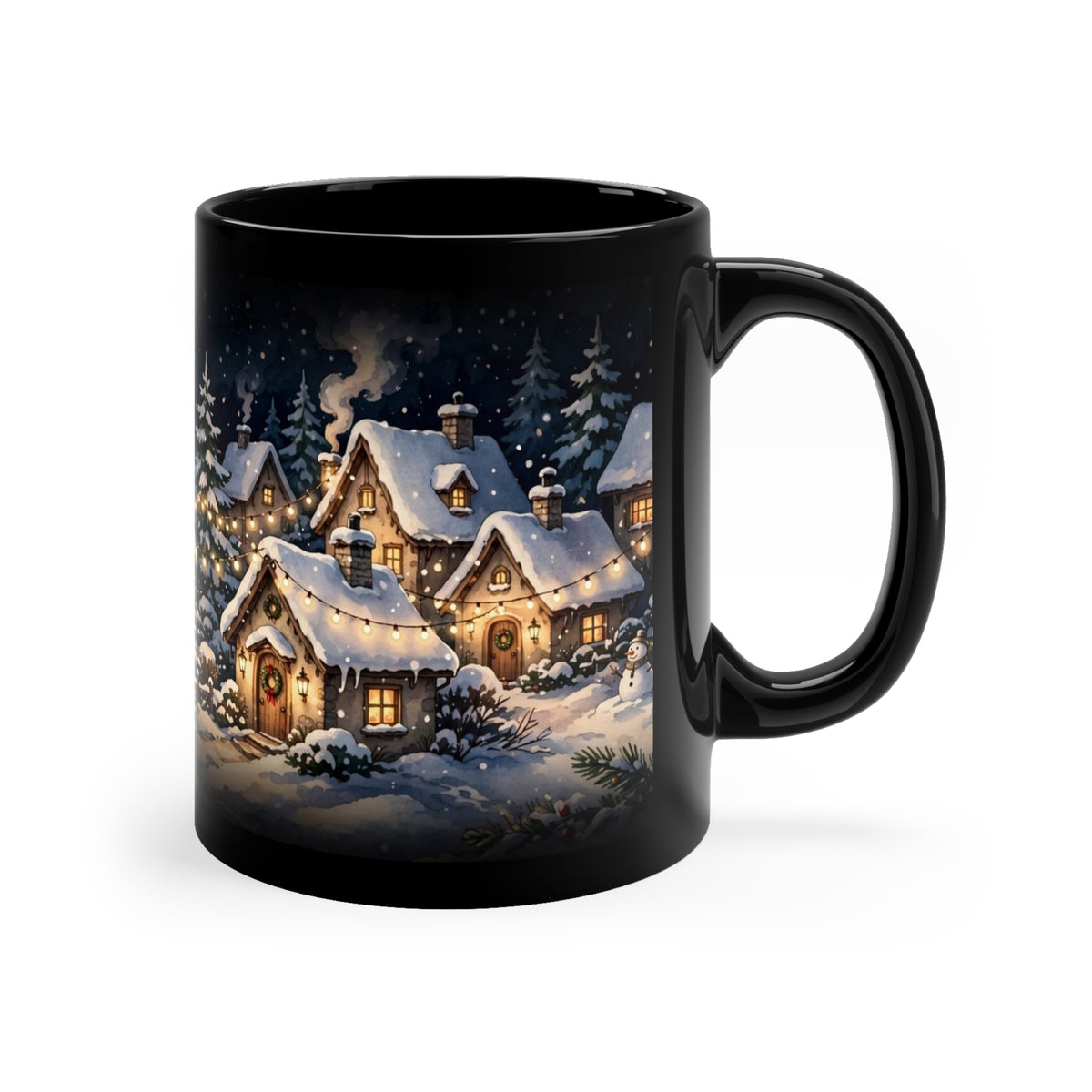 Christmas Night Coffee Mug — 11oz Black Ceramic, Snowy Village & Tree