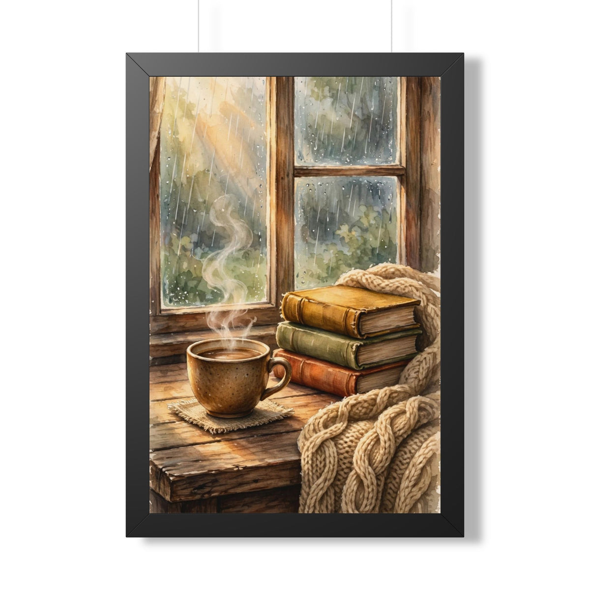 Slow Morning — Cozy Coffee by the Rainy Window, Framed Wall Art