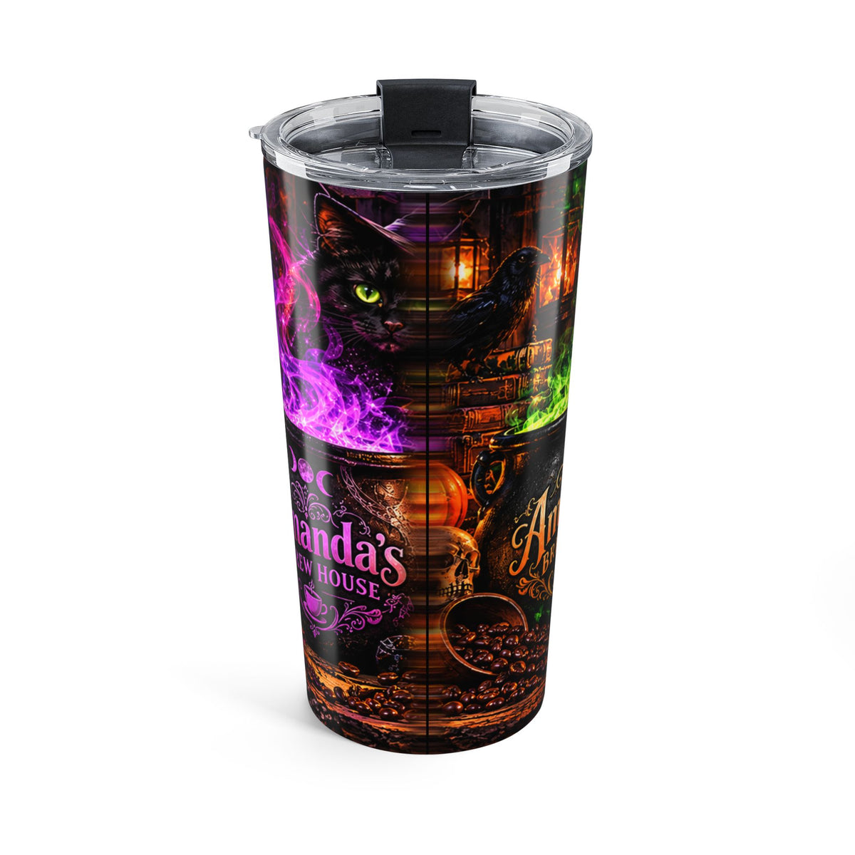 20oz Halloween witchy tumbler with haunted house, pumpkins, black cat and clear lid
