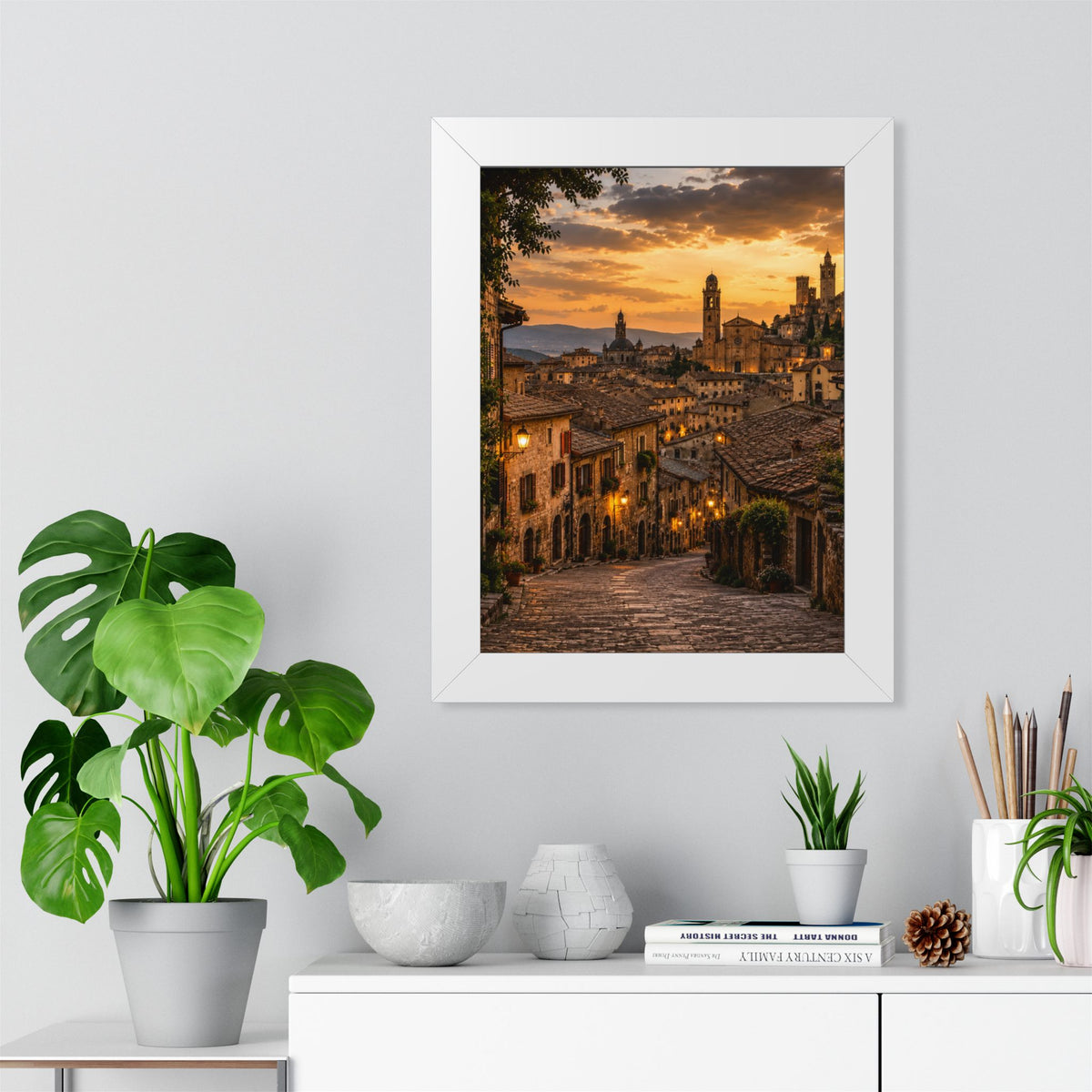 Old-World Town at Sunset — Framed Wall Art